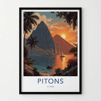 Pitons Poster - Saint Lucia Travel Art - Tropical Sunset Sailboat Home Decor