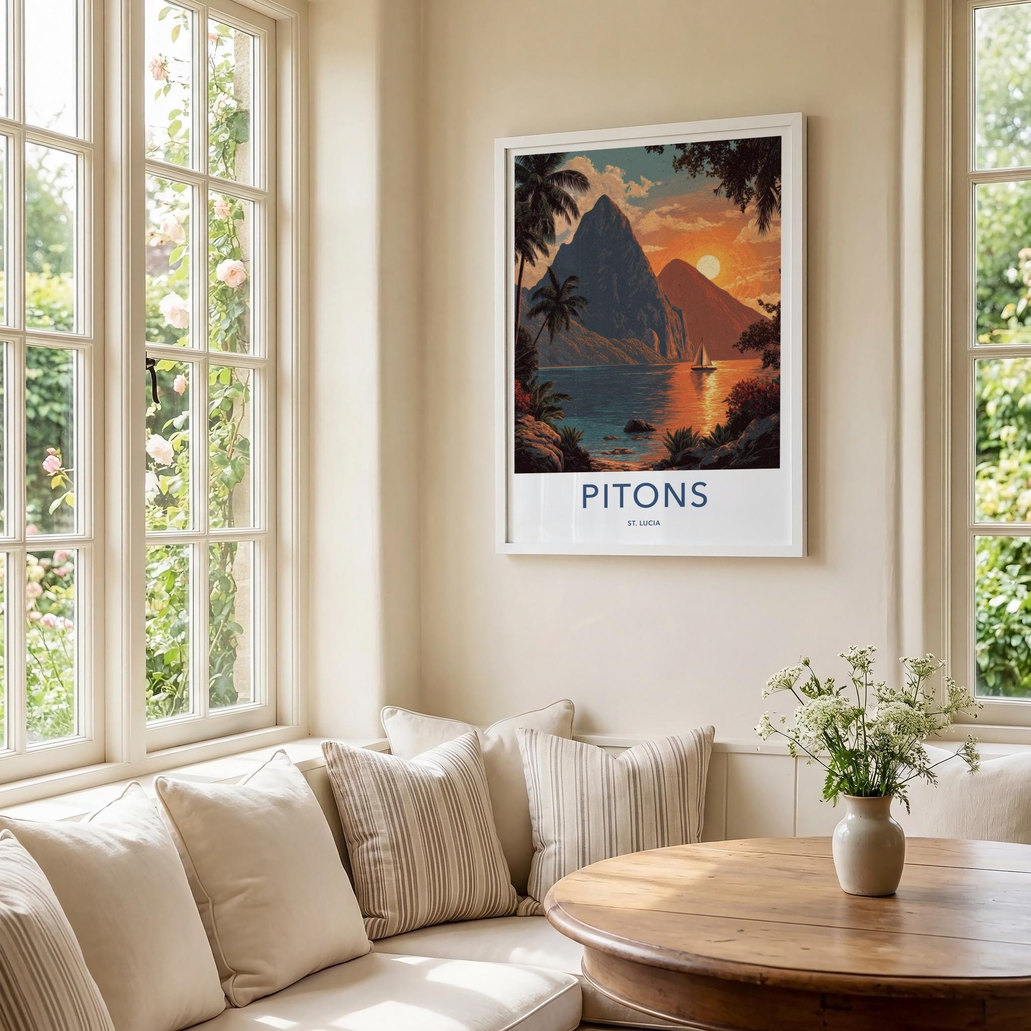 Pitons Poster - Saint Lucia Travel Art - Tropical Sunset Sailboat Home Decor