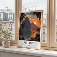 Pitons Poster - Saint Lucia Travel Art - Tropical Sunset Sailboat Home Decor