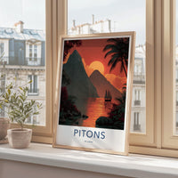 Pitons Poster - St Lucia Travel Art - Caribbean Mountain Sunset Home Decor