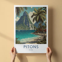 Pitons Poster - St Lucia Travel Art - Tropical Beach Peaks Home Decor
