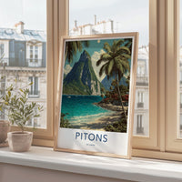 Pitons Poster - St Lucia Travel Art - Tropical Beach Peaks Home Decor