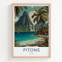 Pitons Poster - St Lucia Travel Art - Tropical Beach Peaks Home Decor