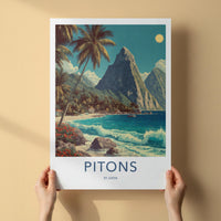 Pitons Poster - St Lucia Travel Print - Tropical Beach Waves Lounge Decor