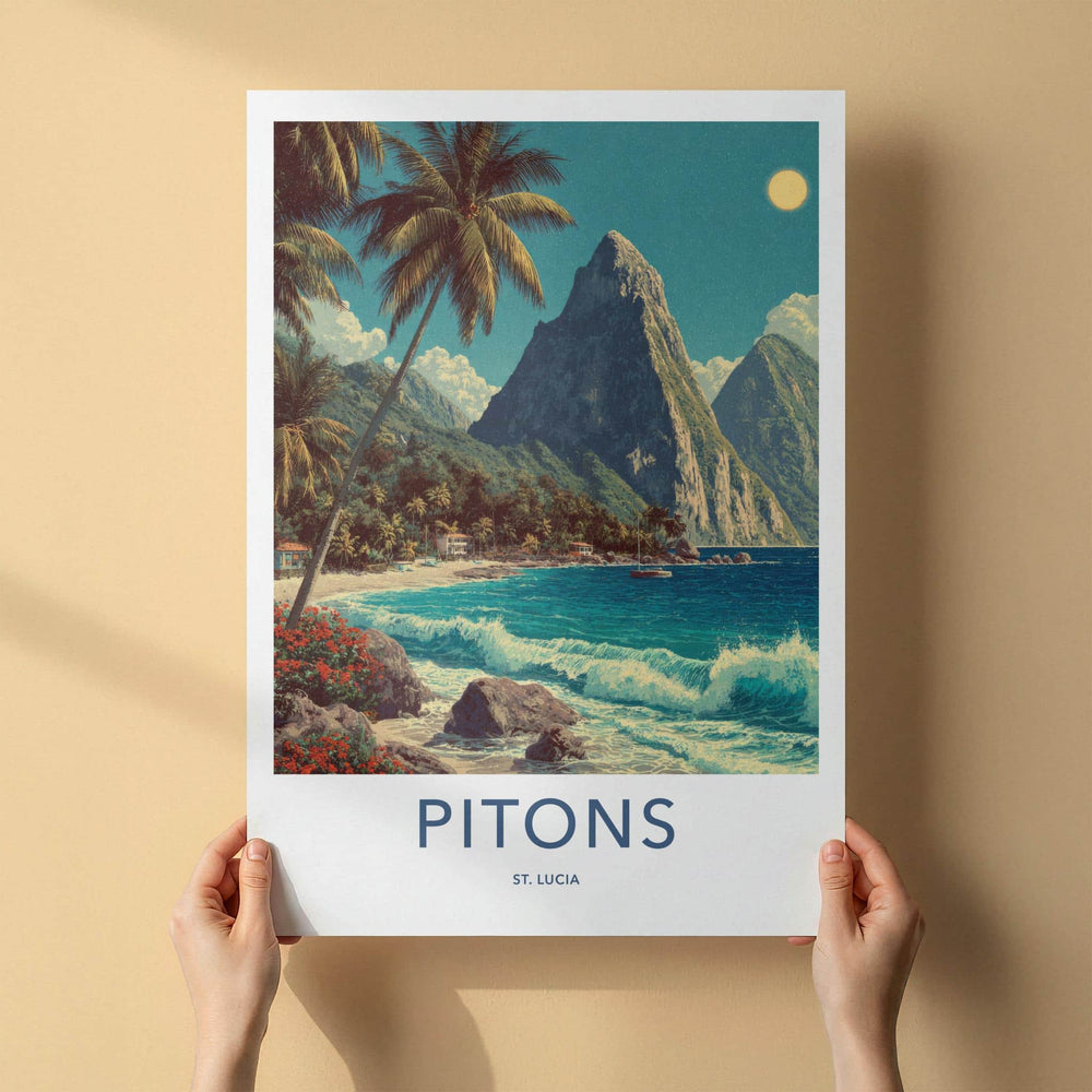 Pitons Poster - St Lucia Travel Print - Tropical Beach Waves Lounge Decor