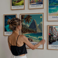 Pitons Poster - St Lucia Travel Print - Tropical Beach Waves Lounge Decor