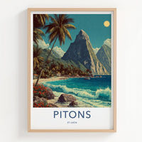 Pitons Poster - St Lucia Travel Print - Tropical Beach Waves Lounge Decor