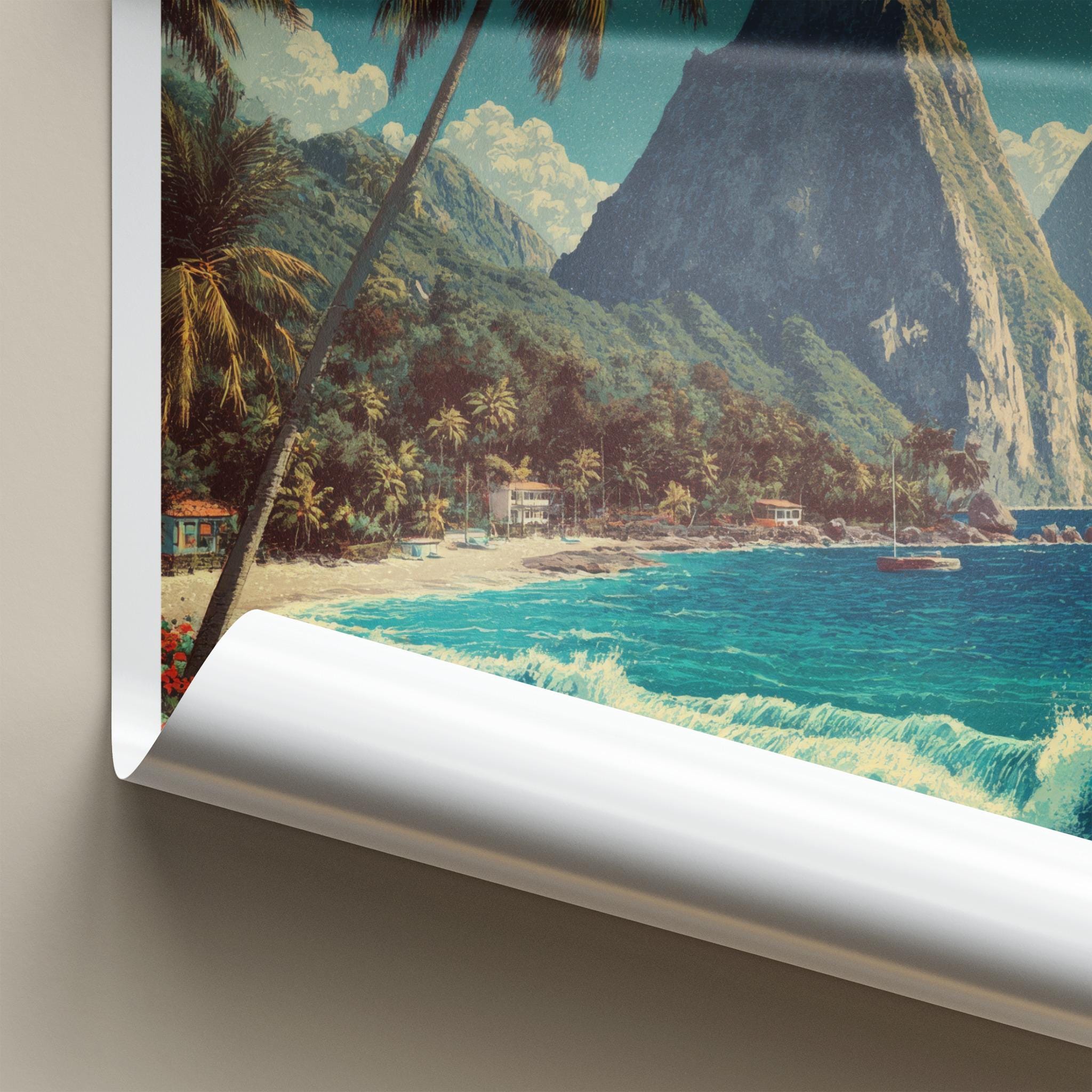 Pitons Poster - St Lucia Travel Print - Tropical Beach Waves Lounge Decor