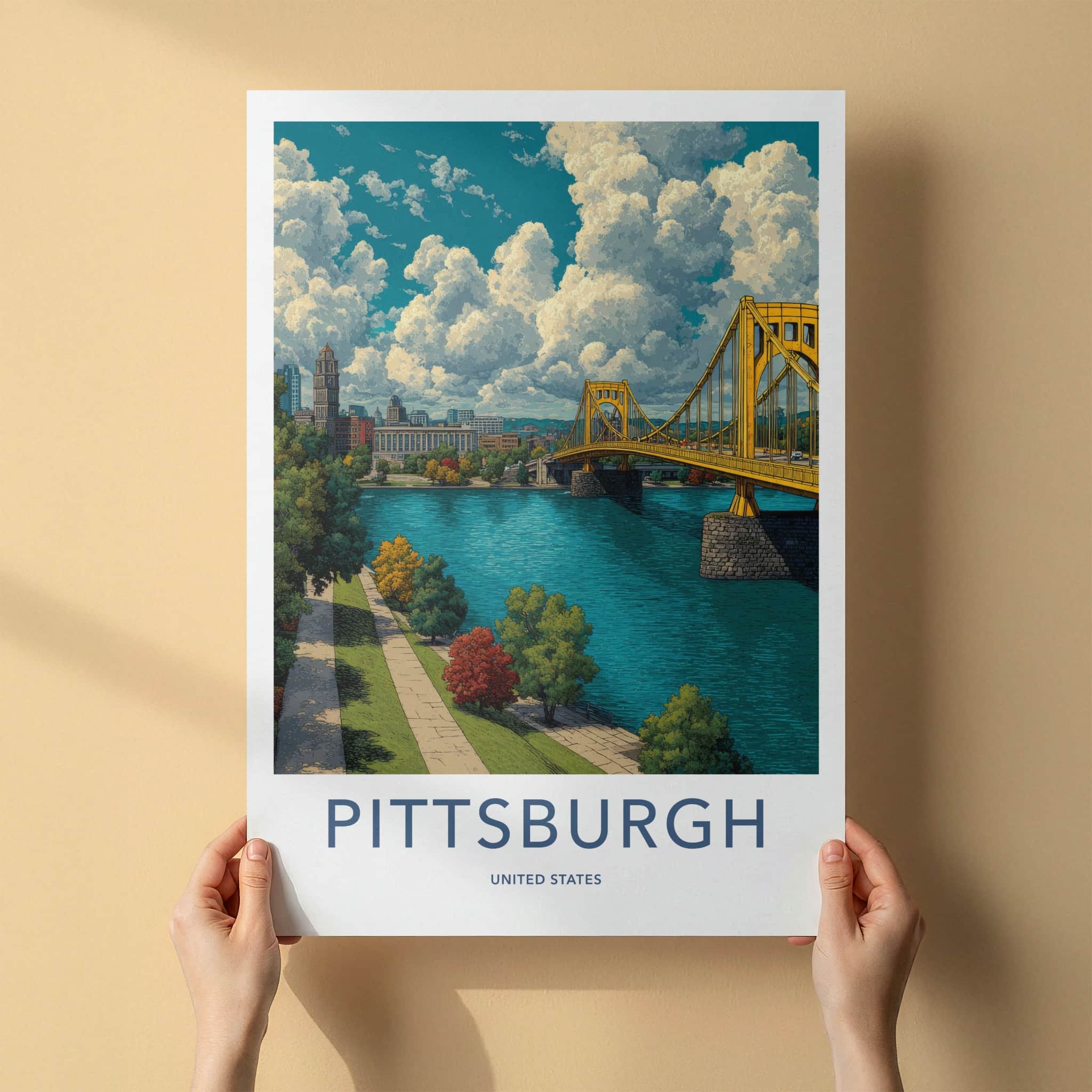 Pittsburgh Poster - Pennsylvania Travel Art - Yellow Bridge City Home Decor