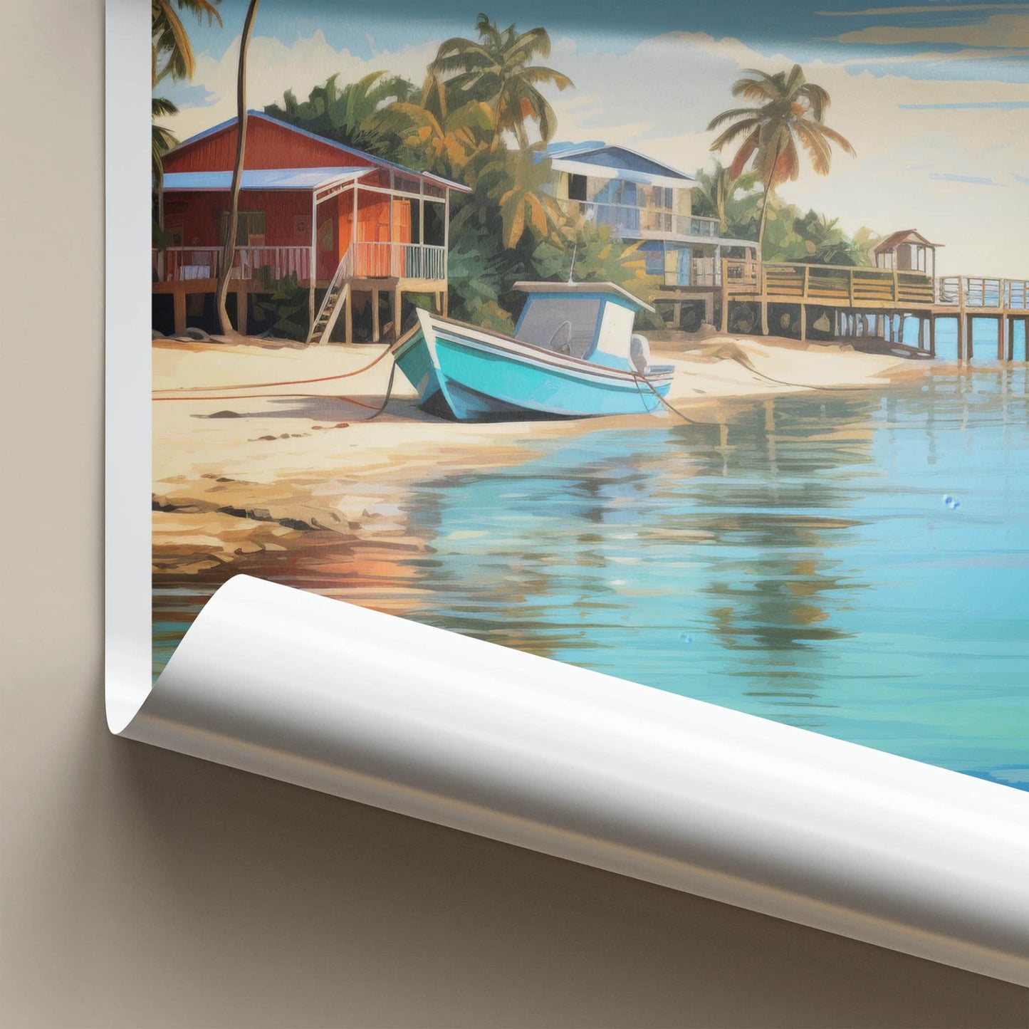 Placencia Poster - Belize Travel Art - Sandy Beach Boat Home Decor