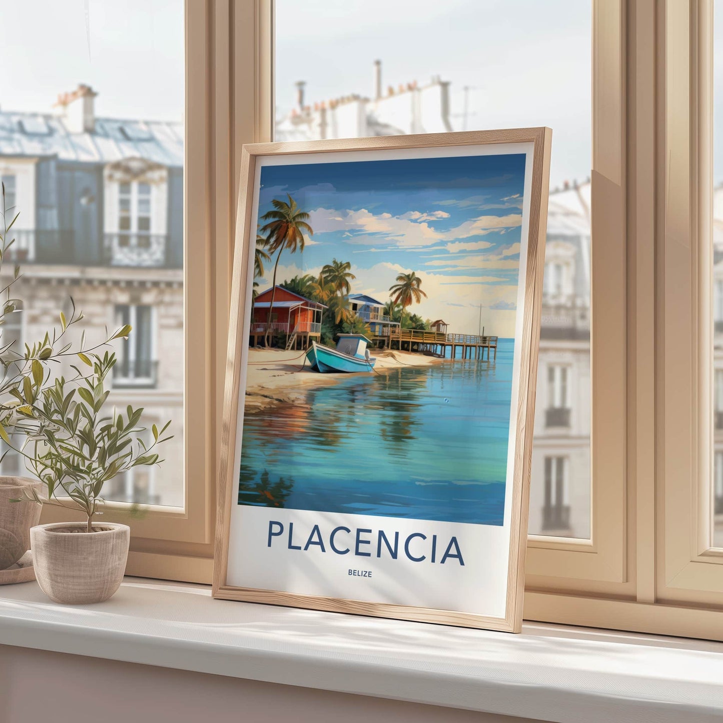 Placencia Poster - Belize Travel Art - Sandy Beach Boat Home Decor