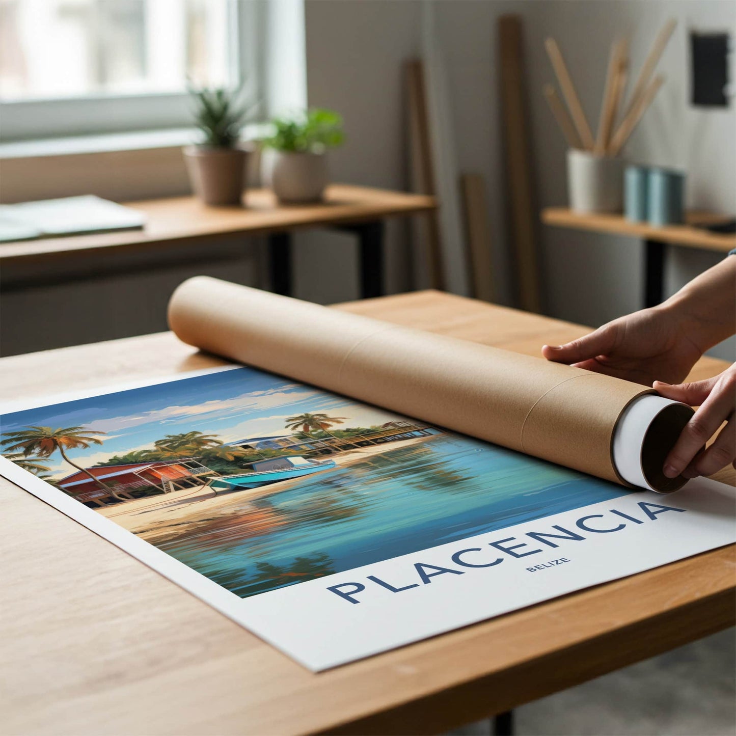 Placencia Poster - Belize Travel Art - Sandy Beach Boat Home Decor