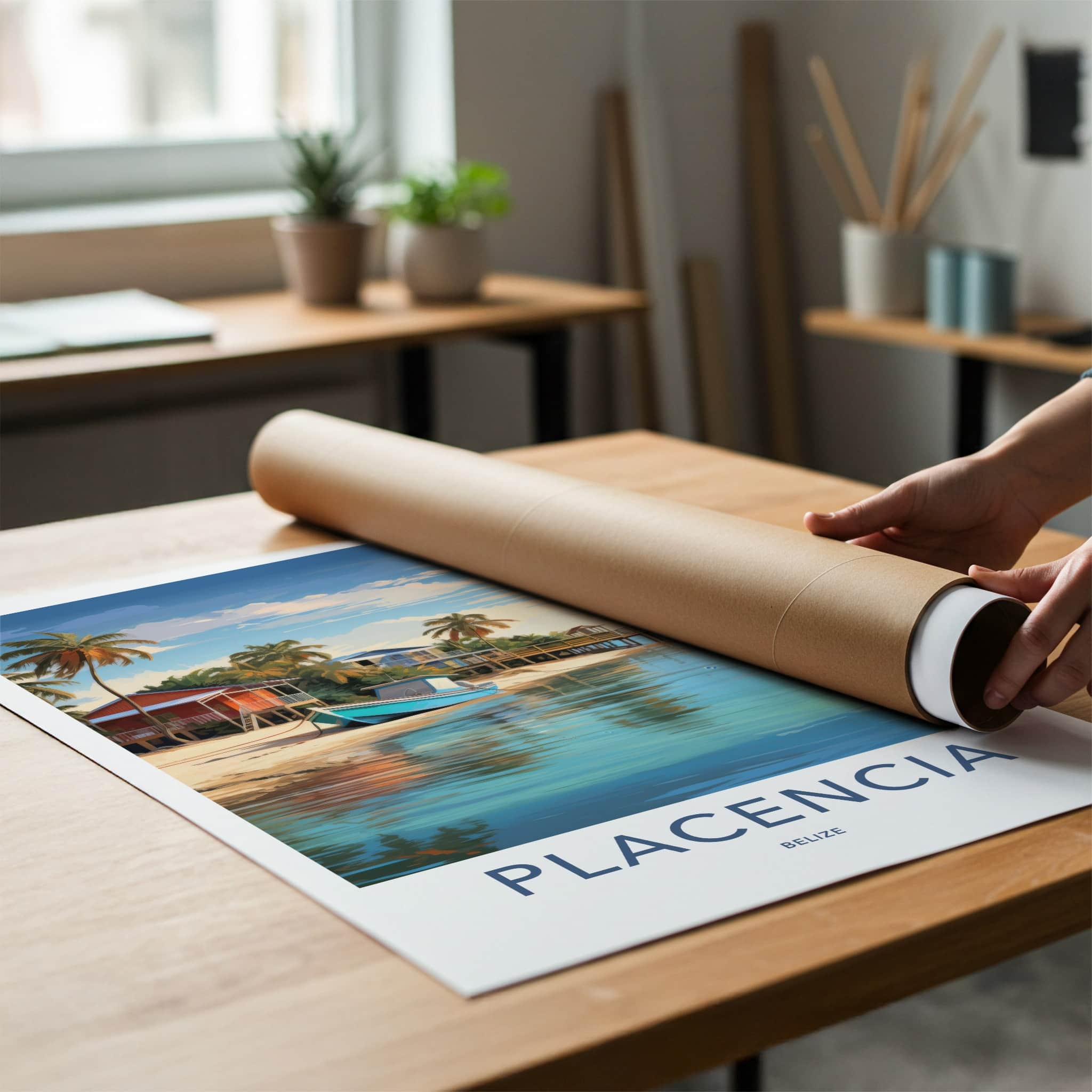 Placencia Poster - Belize Travel Art - Sandy Beach Boat Home Decor