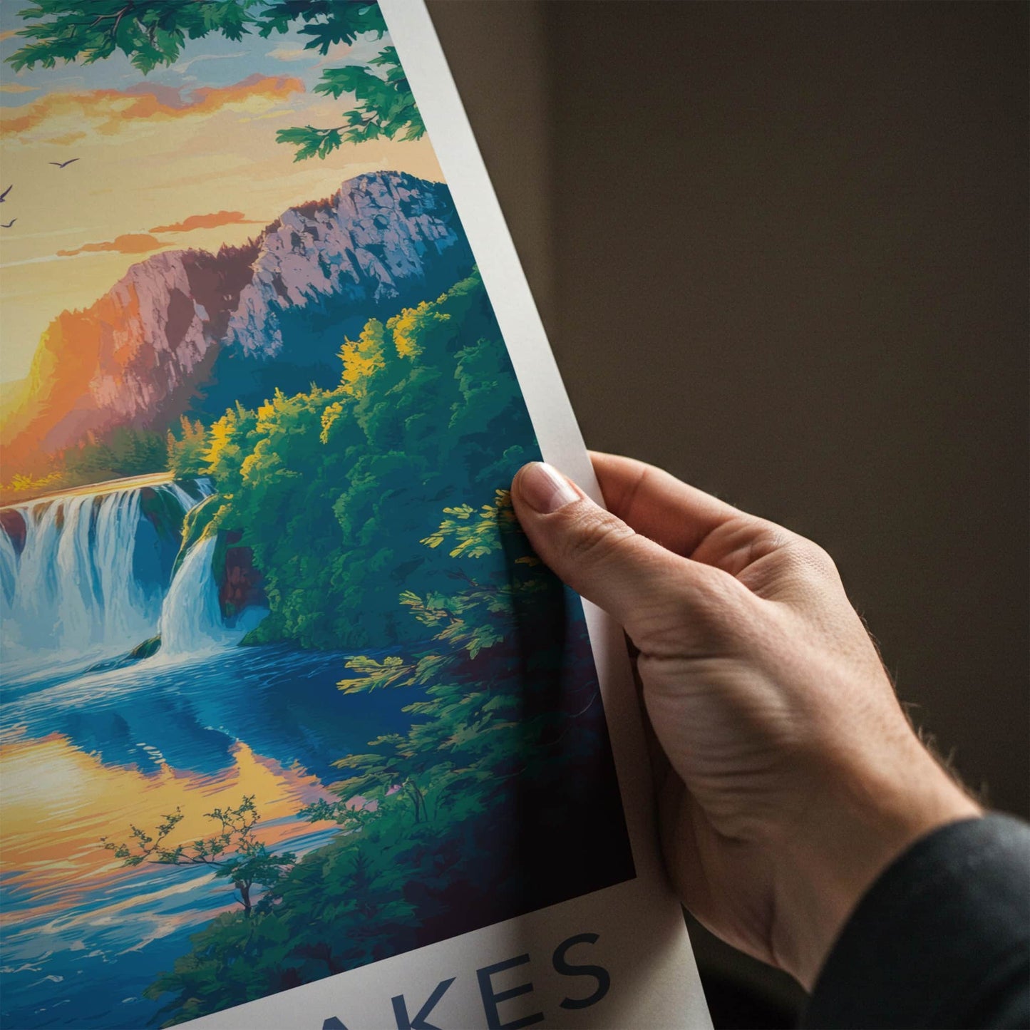 Plitvice Lakes Poster - Croatia Travel Art - Golden Sunset Falls Home Decor