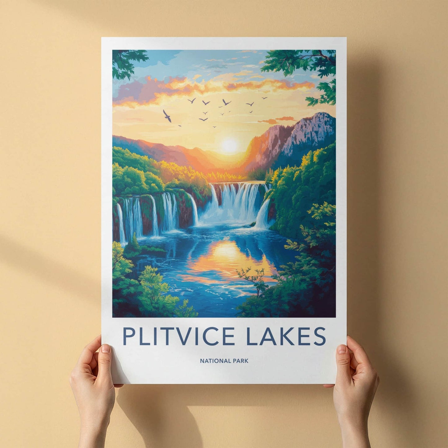 Plitvice Lakes Poster - Croatia Travel Art - Golden Sunset Falls Home Decor