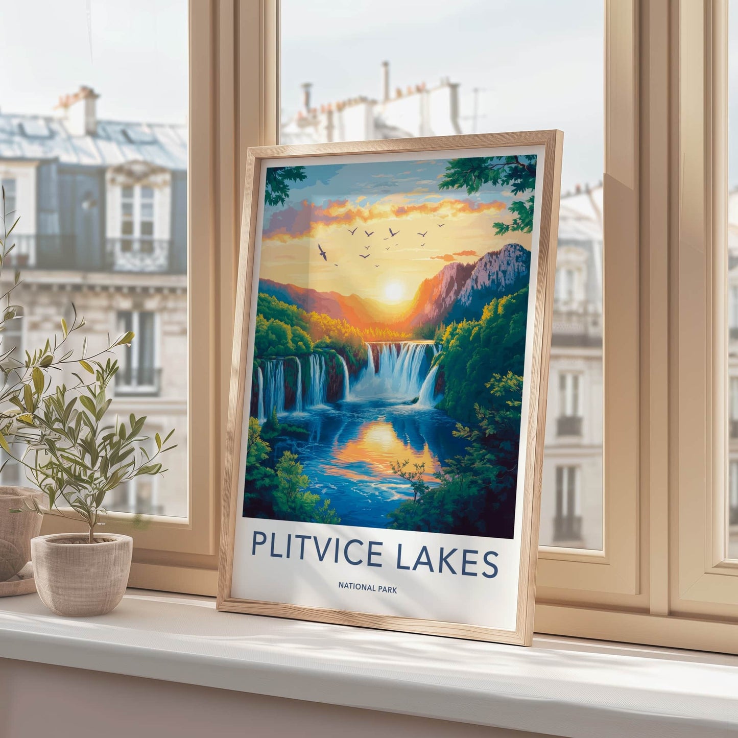 Plitvice Lakes Poster - Croatia Travel Art - Golden Sunset Falls Home Decor