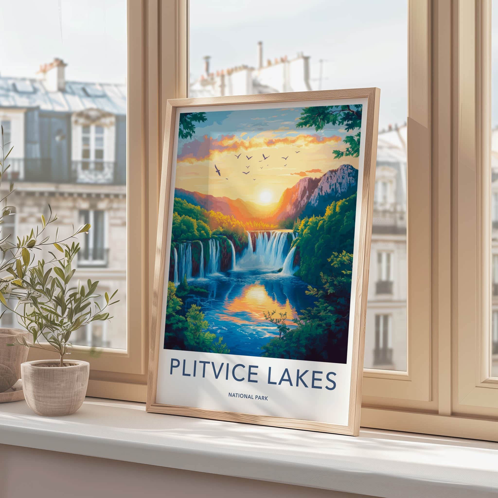 Plitvice Lakes Poster - Croatia Travel Art - Golden Sunset Falls Home Decor