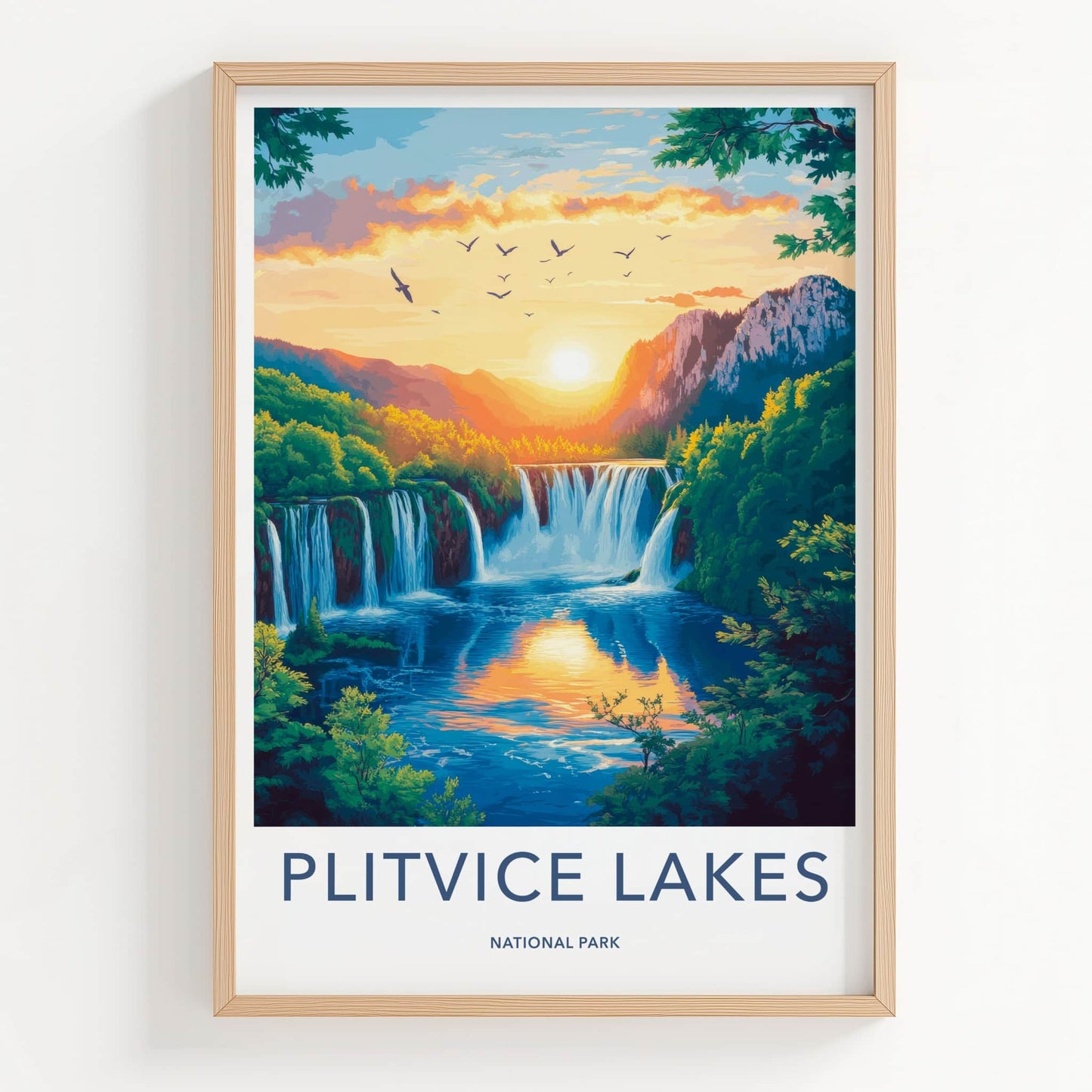 Plitvice Lakes Poster - Croatia Travel Art - Golden Sunset Falls Home Decor