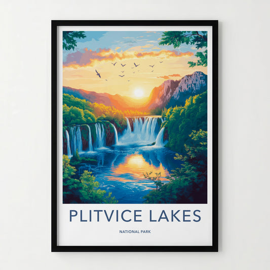 Plitvice Lakes Poster - Croatia Travel Art - Golden Sunset Falls Home Decor