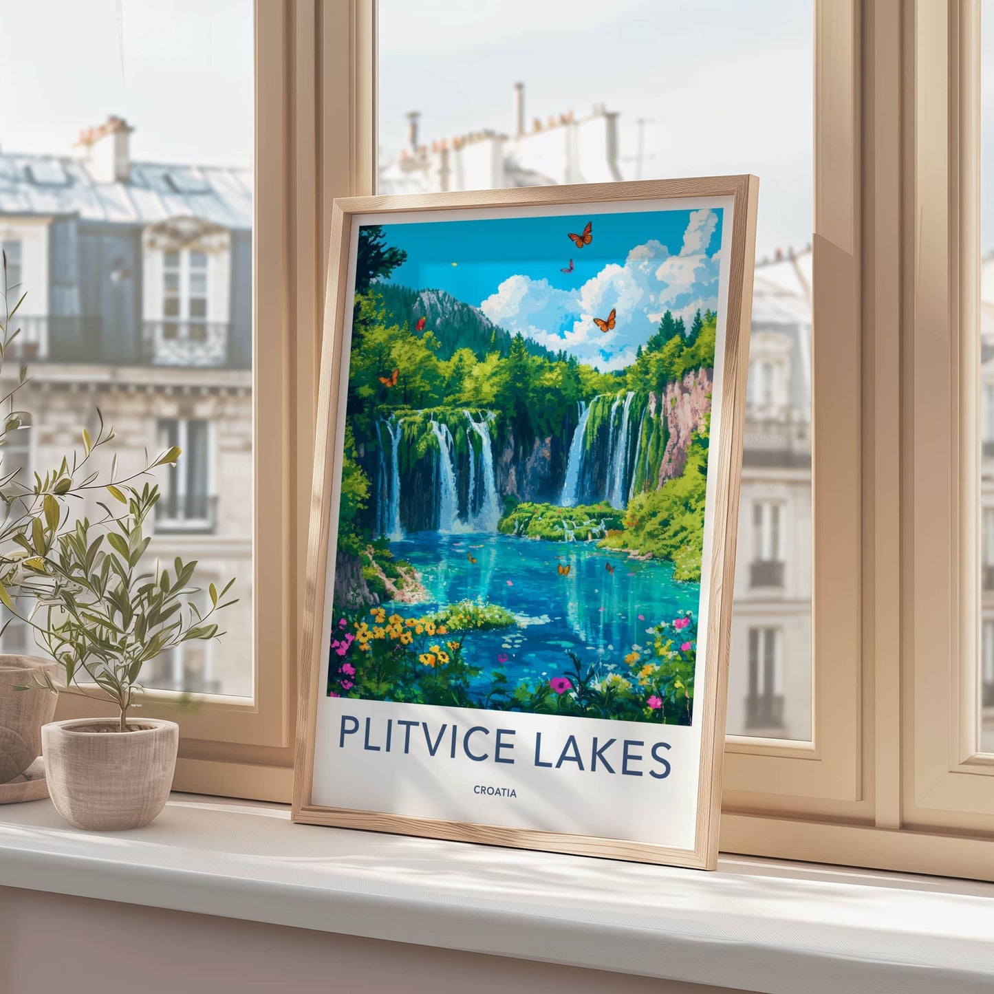 Plitvice Lakes Poster - Croatia Travel Art - Lush Waterfall Butterflies Home Decor