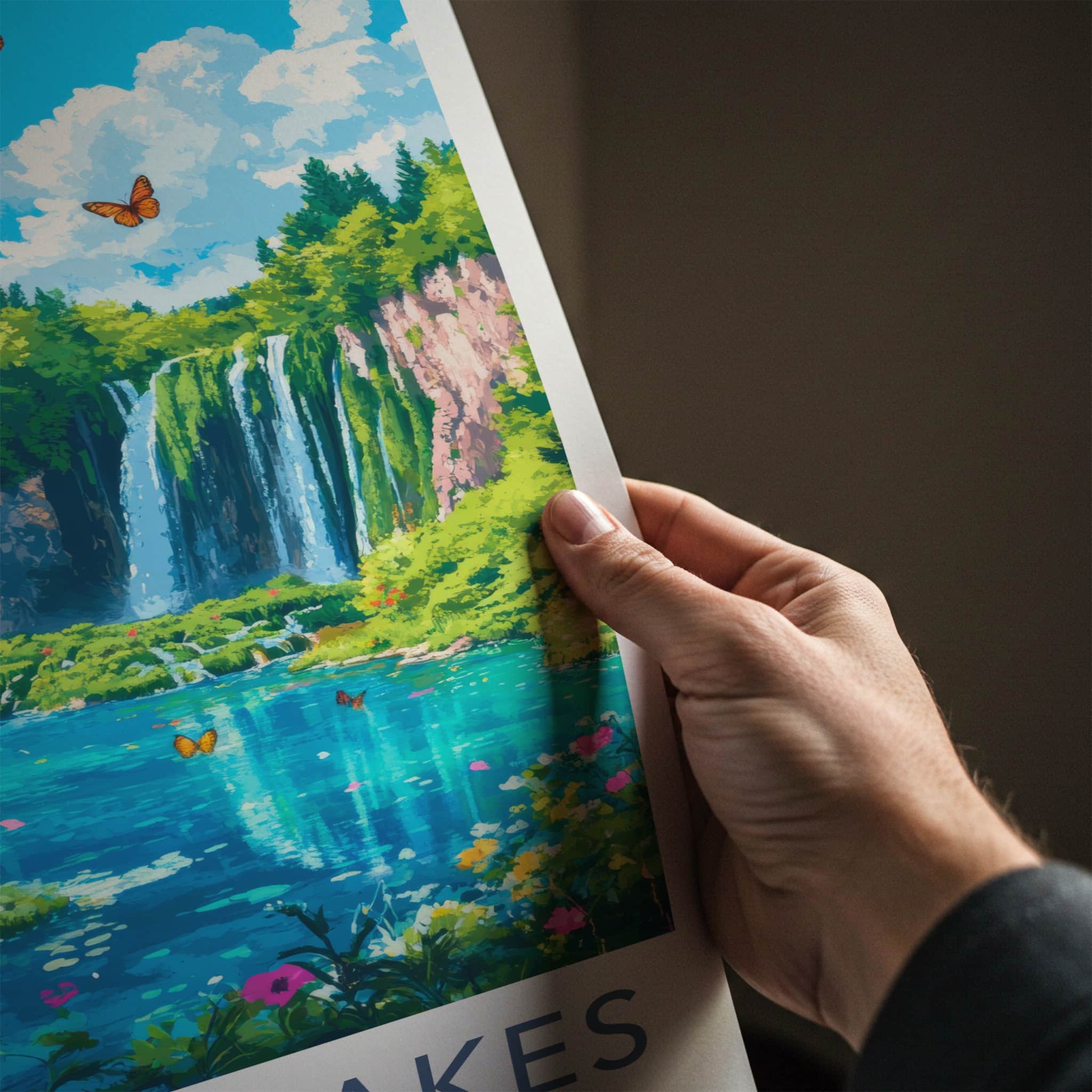 Plitvice Lakes Poster - Croatia Travel Art - Lush Waterfall Butterflies Home Decor