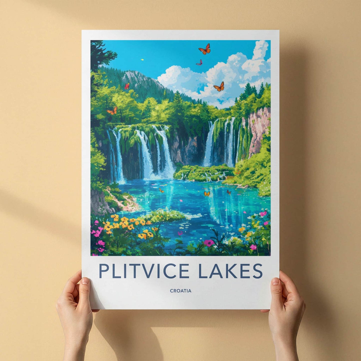 Plitvice Lakes Poster - Croatia Travel Art - Lush Waterfall Butterflies Home Decor