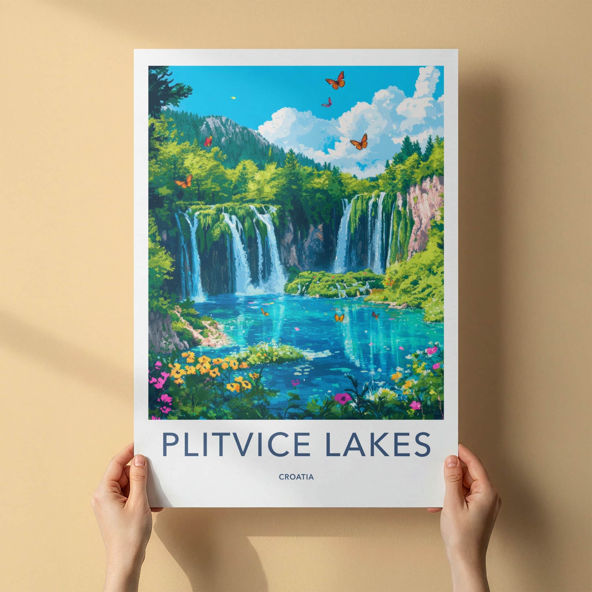 Plitvice Lakes Poster - Croatia Travel Art - Lush Waterfall Butterflies Home Decor