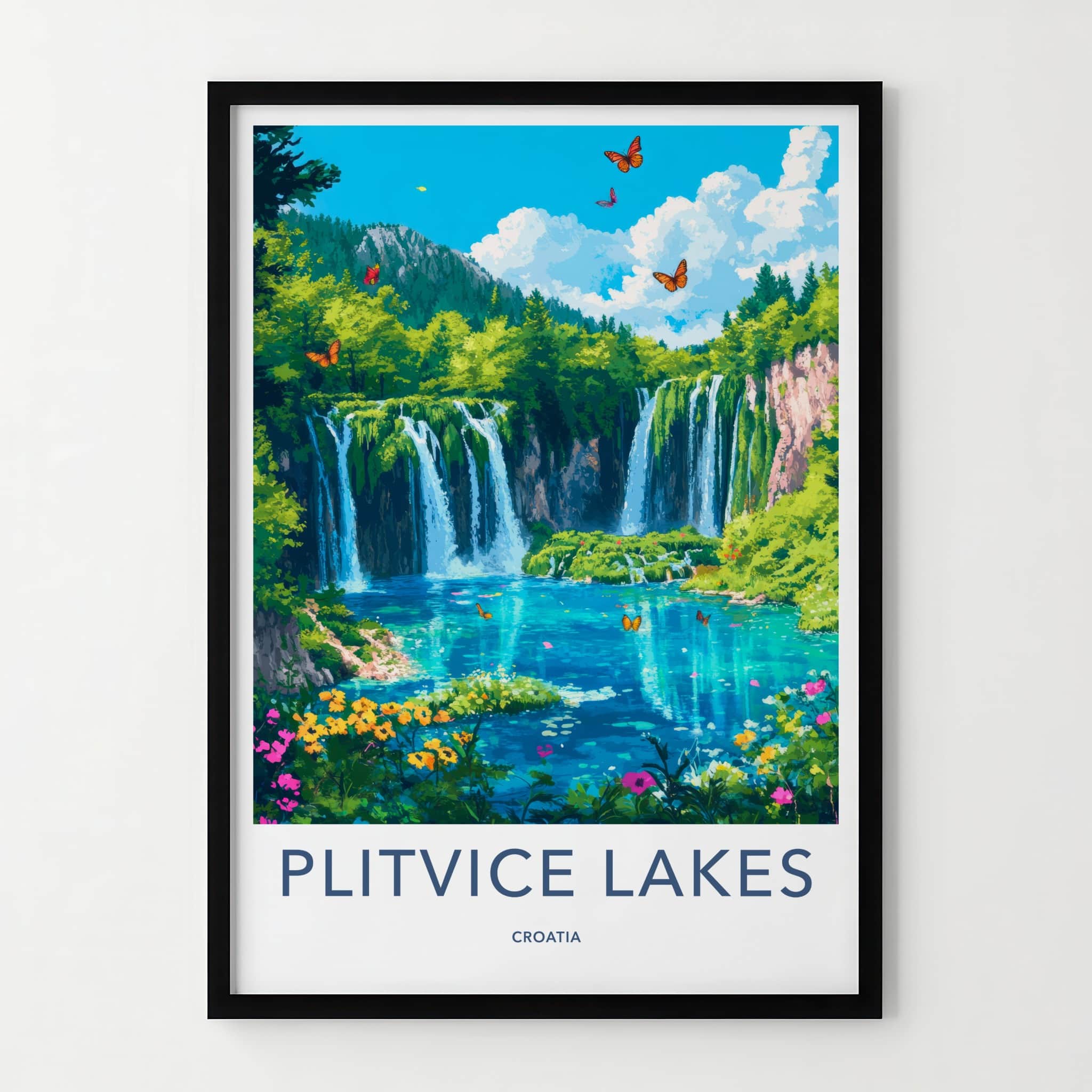 Plitvice Lakes Poster - Croatia Travel Art - Lush Waterfall Butterflies Home Decor