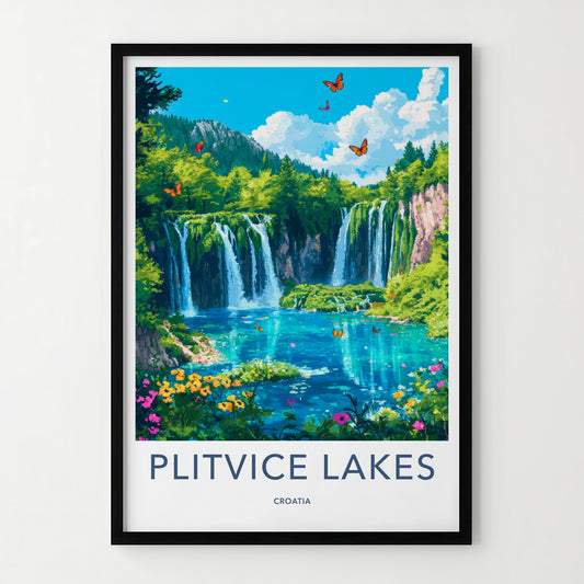 Plitvice Lakes Poster - Croatia Travel Art - Lush Waterfall Butterflies Home Decor