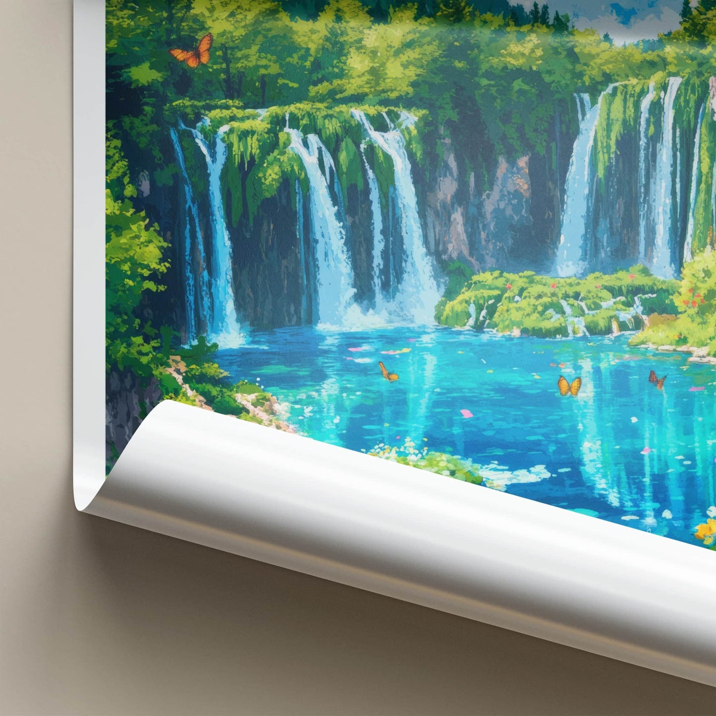 Plitvice Lakes Poster - Croatia Travel Art - Lush Waterfall Butterflies Home Decor