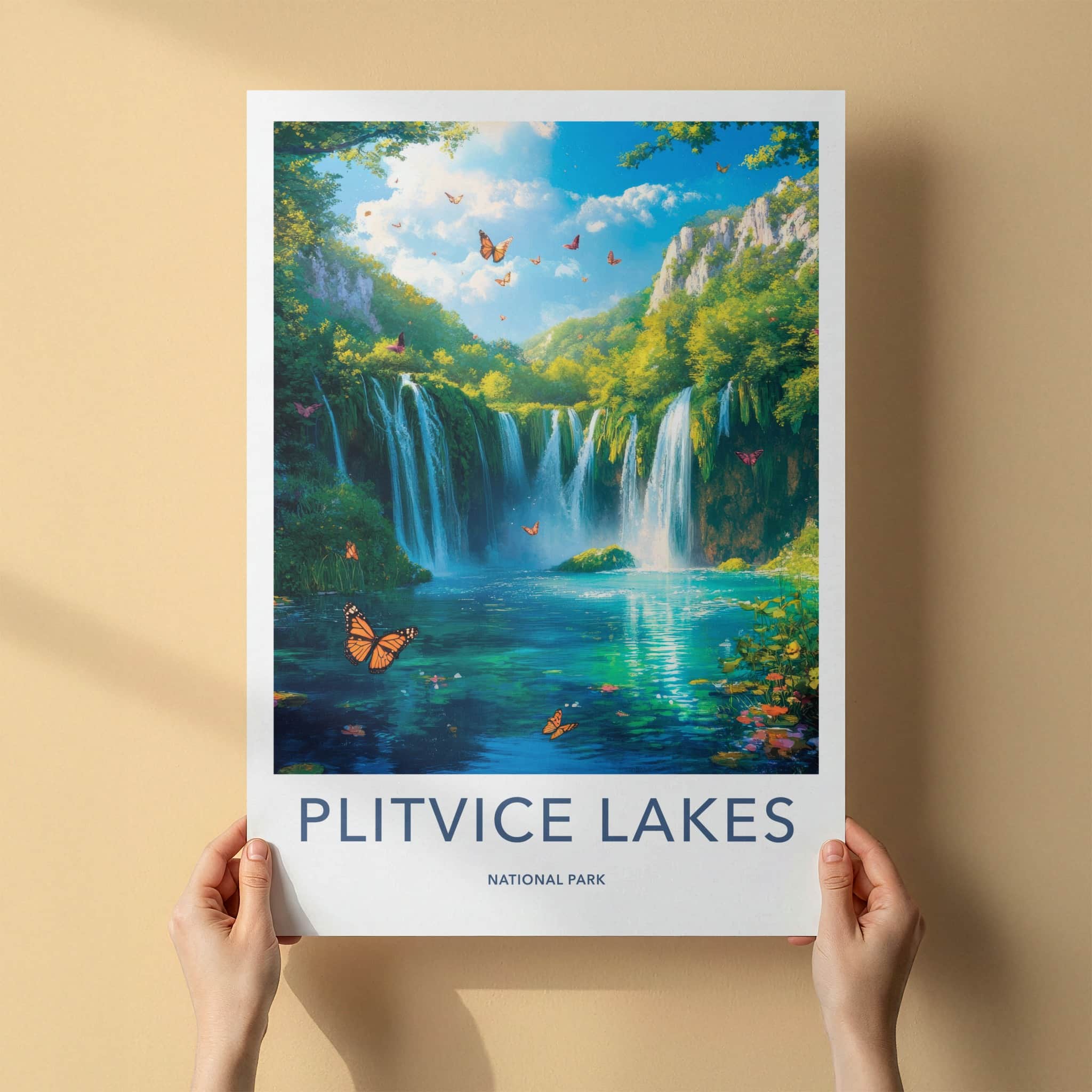 Plitvice Lakes Poster - Croatia Travel Art - Lush Waterfalls Butterflies Home Decor