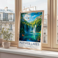 Plitvice Lakes Poster - Croatia Travel Art - Lush Waterfalls Butterflies Home Decor