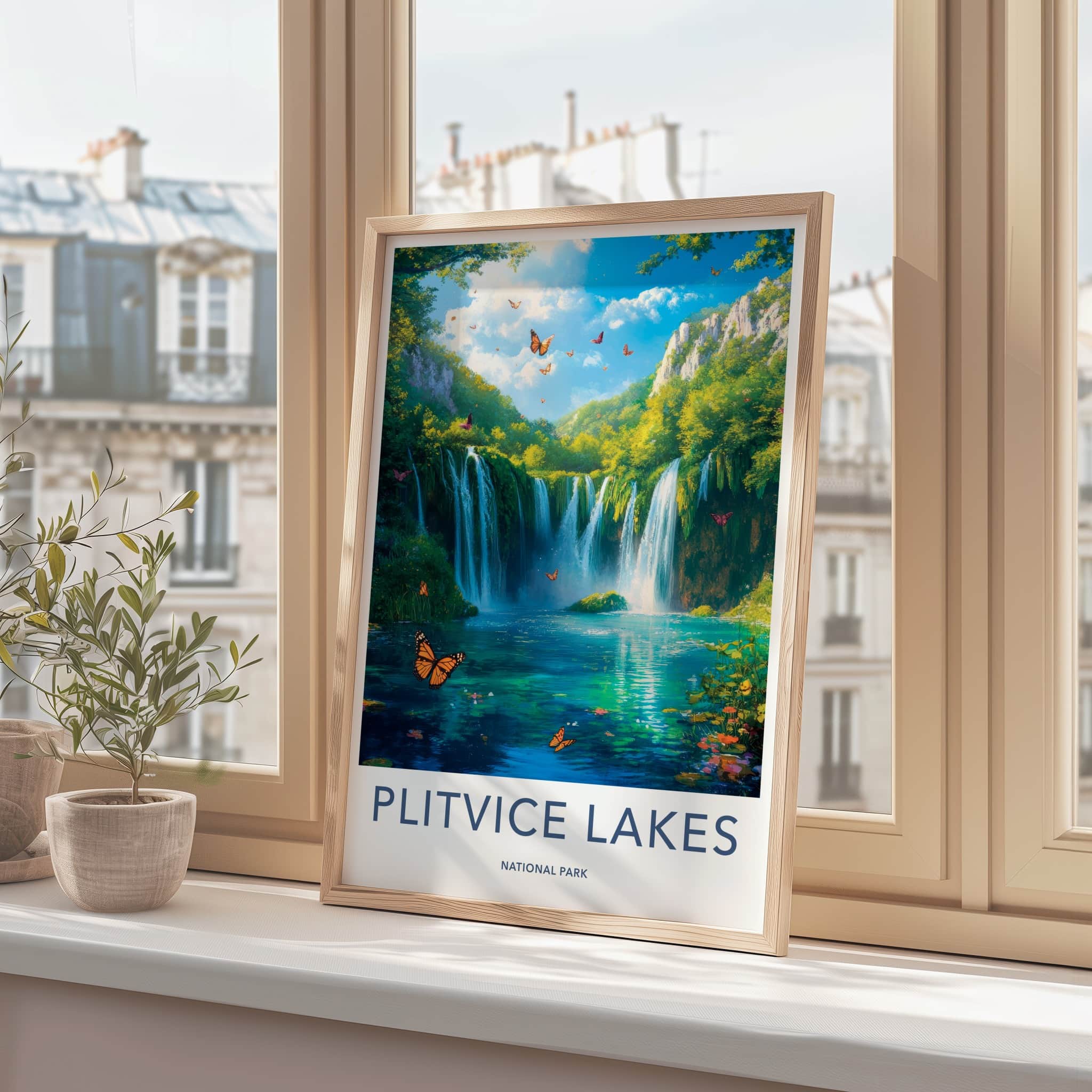 Plitvice Lakes Poster - Croatia Travel Art - Lush Waterfalls Butterflies Home Decor