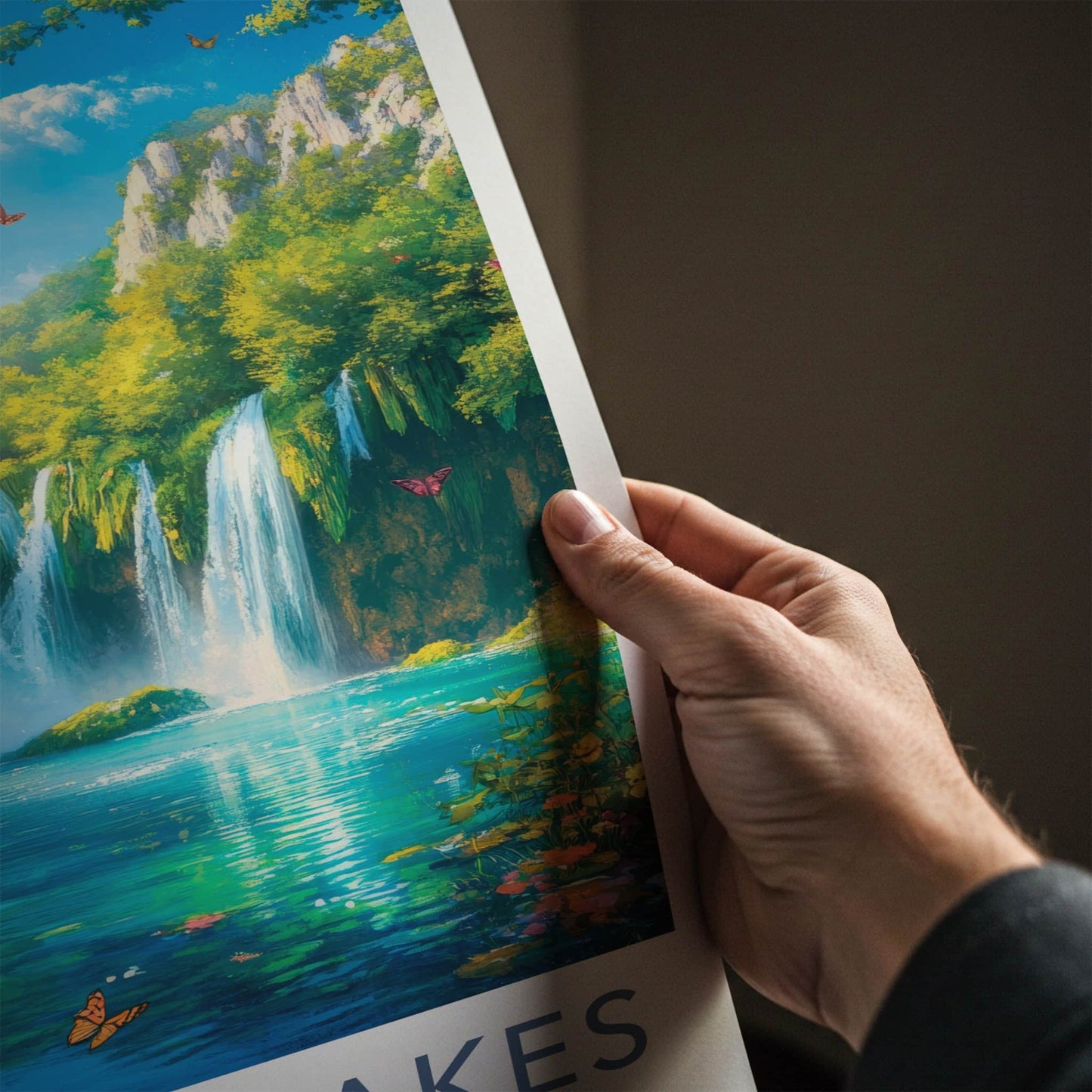Plitvice Lakes Poster - Croatia Travel Art - Lush Waterfalls Butterflies Home Decor