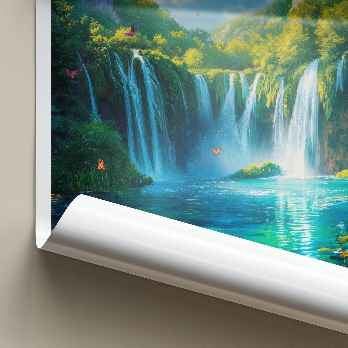 Plitvice Lakes Poster - Croatia Travel Art - Lush Waterfalls Butterflies Home Decor