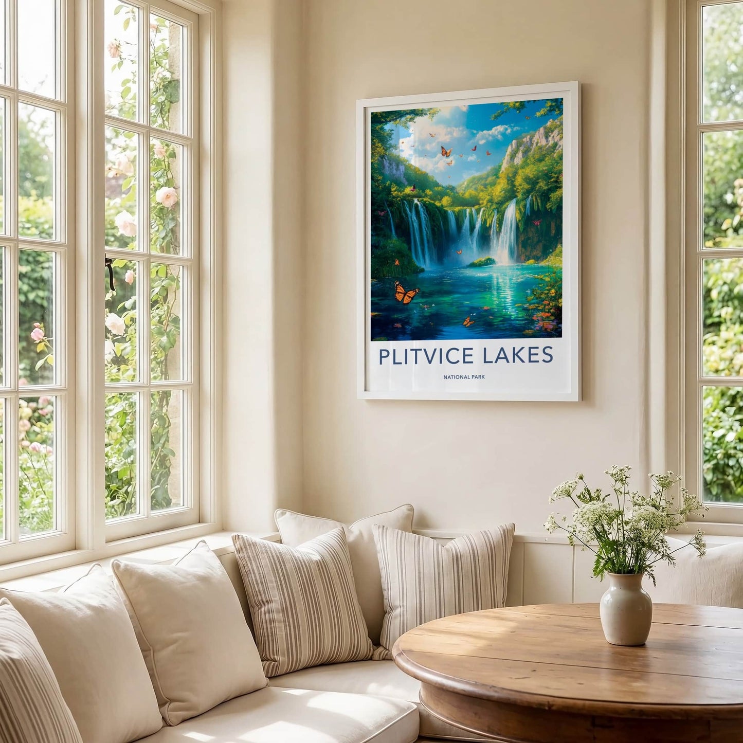Plitvice Lakes Poster - Croatia Travel Art - Lush Waterfalls Butterflies Home Decor