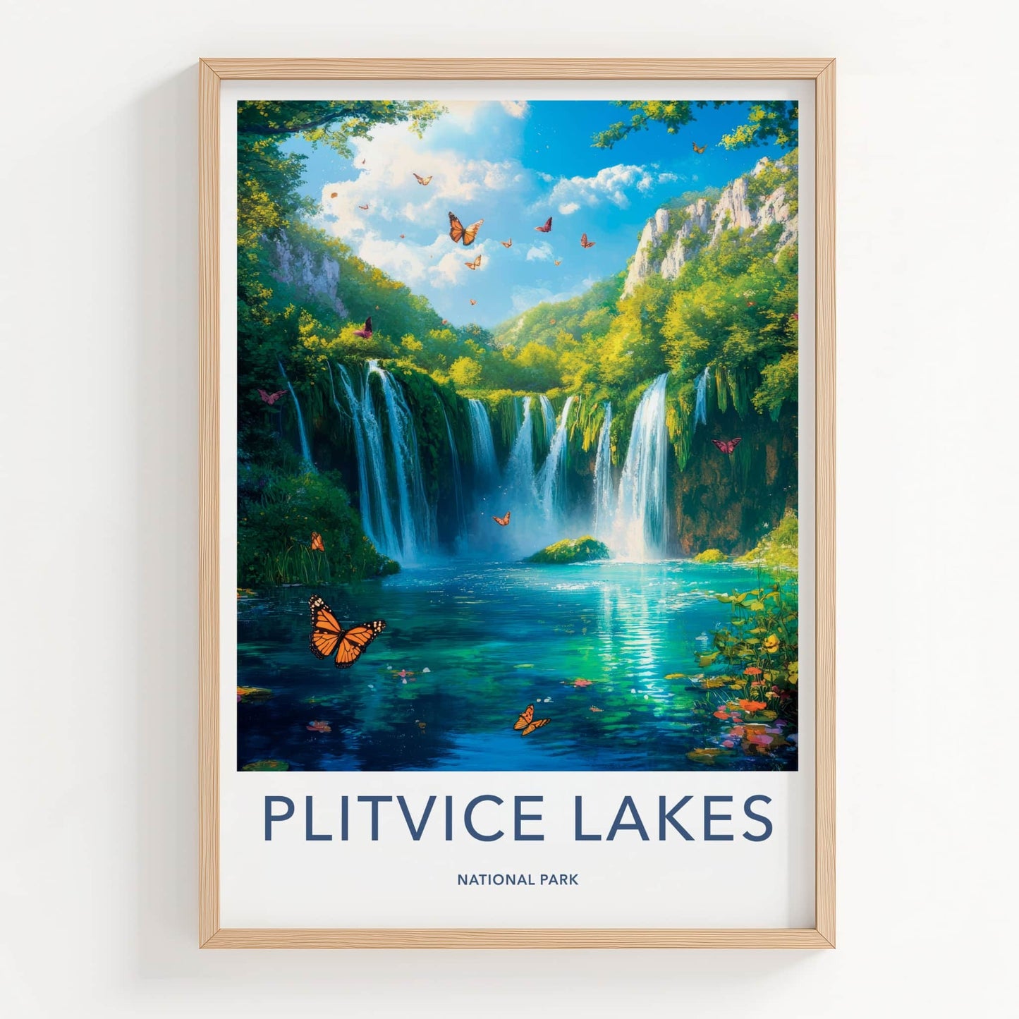 Plitvice Lakes Poster - Croatia Travel Art - Lush Waterfalls Butterflies Home Decor