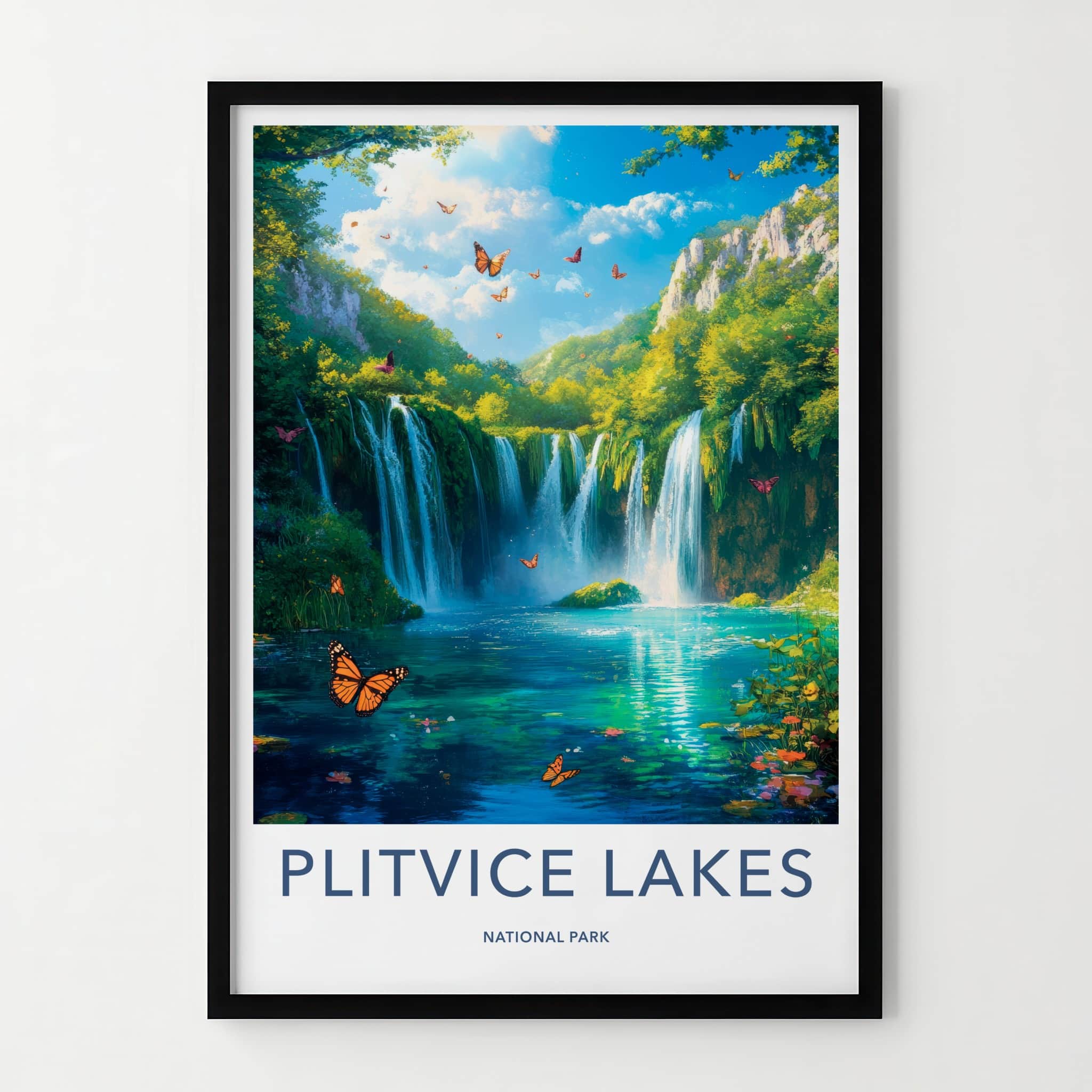 Plitvice Lakes Poster - Croatia Travel Art - Lush Waterfalls Butterflies Home Decor
