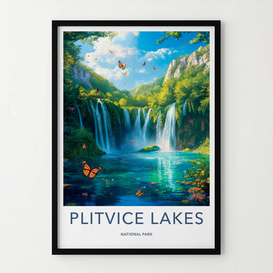 Plitvice Lakes Poster - Croatia Travel Art - Lush Waterfalls Butterflies Home Decor