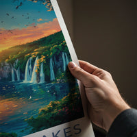 Plitvice Lakes Poster - Croatia Travel Art - Orange Sky Waterfalls Home Decor