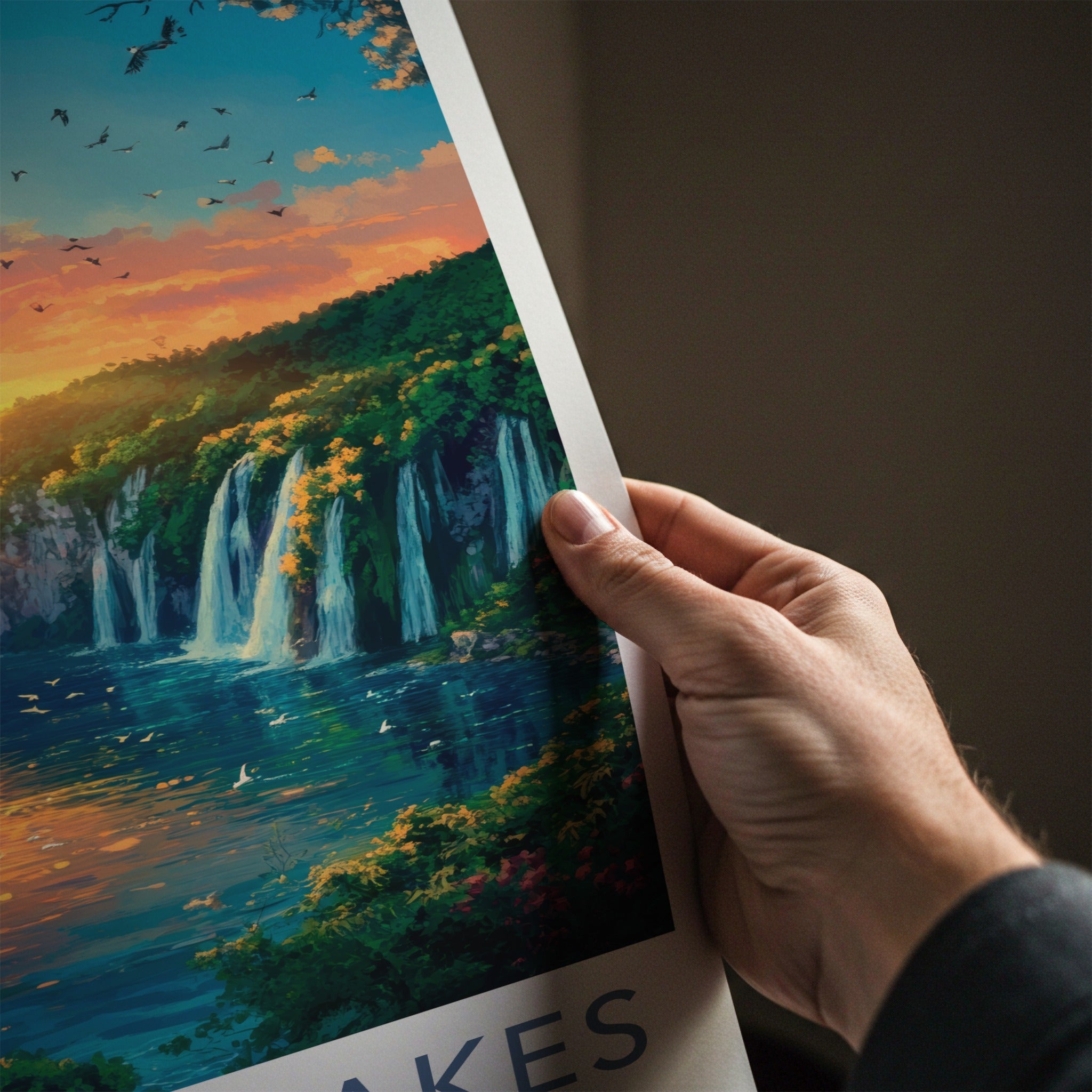 Plitvice Lakes Poster - Croatia Travel Art - Orange Sky Waterfalls Home Decor