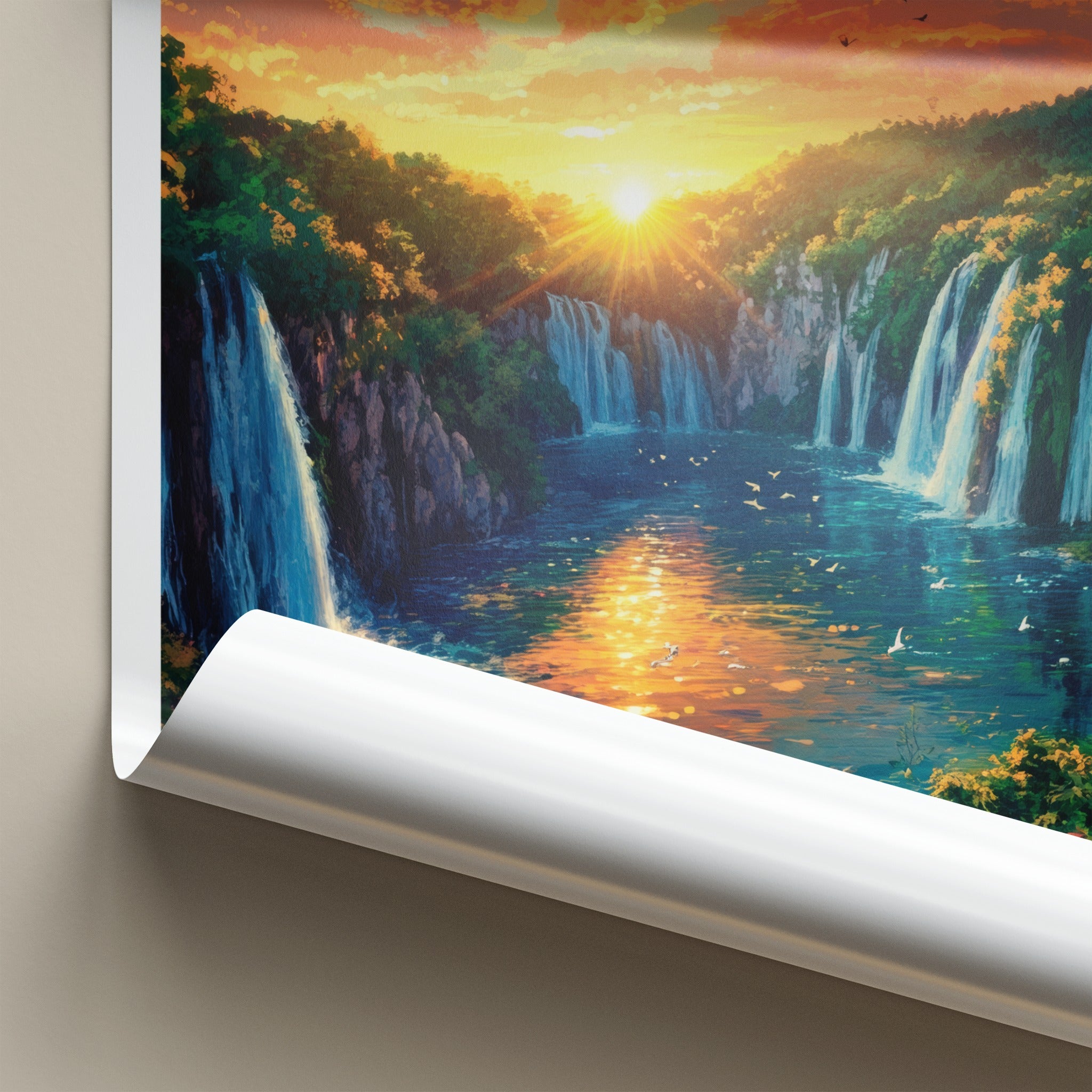 Plitvice Lakes Poster - Croatia Travel Art - Orange Sky Waterfalls Home Decor