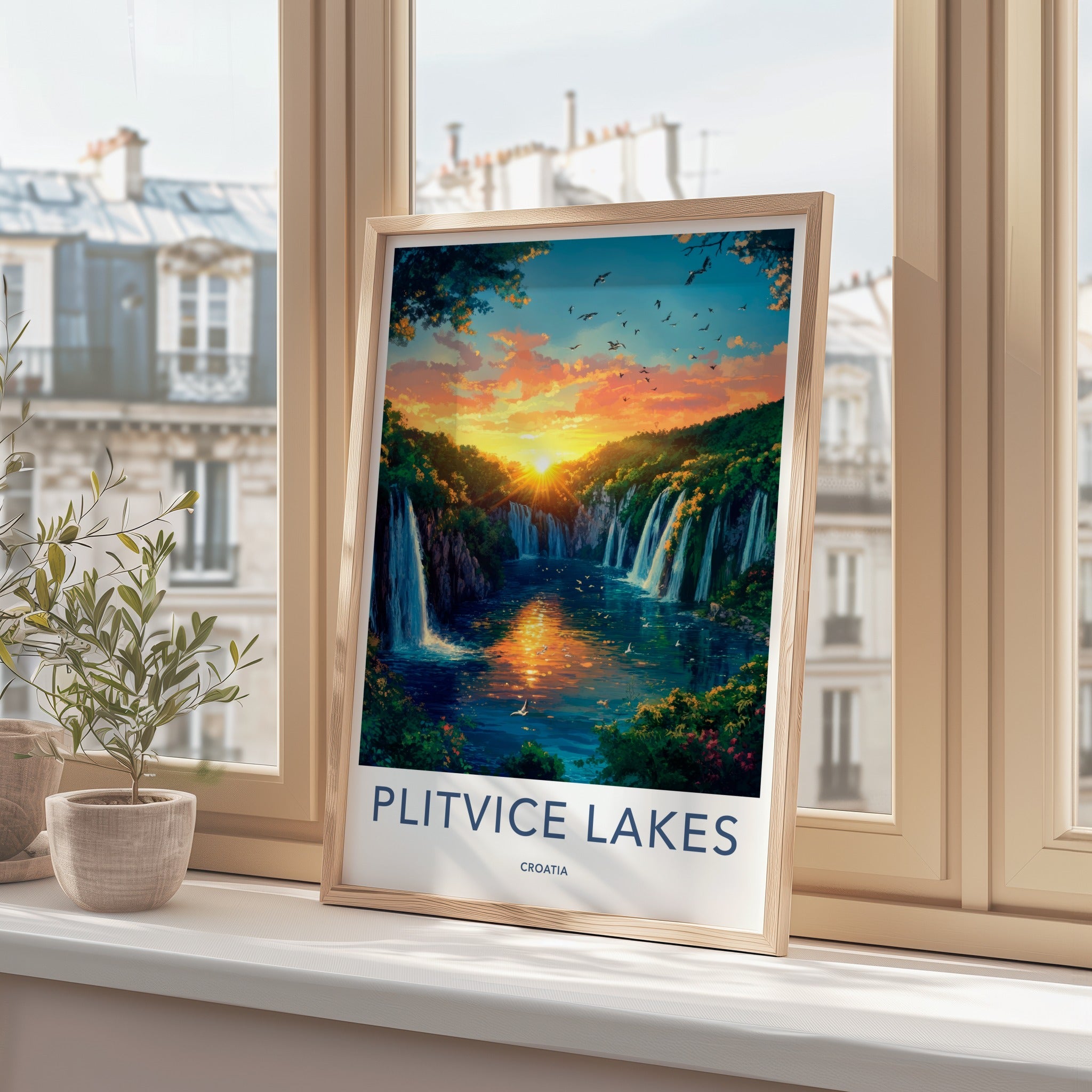 Plitvice Lakes Poster - Croatia Travel Art - Orange Sky Waterfalls Home Decor