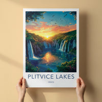 Plitvice Lakes Poster - Croatia Travel Art - Orange Sky Waterfalls Home Decor