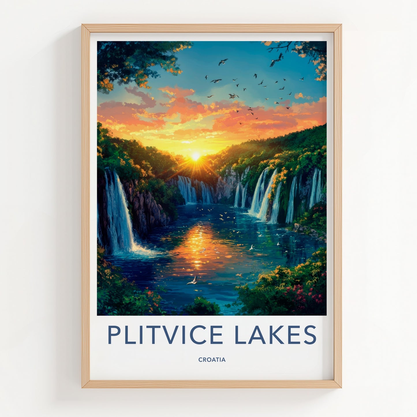 Plitvice Lakes Poster - Croatia Travel Art - Orange Sky Waterfalls Home Decor