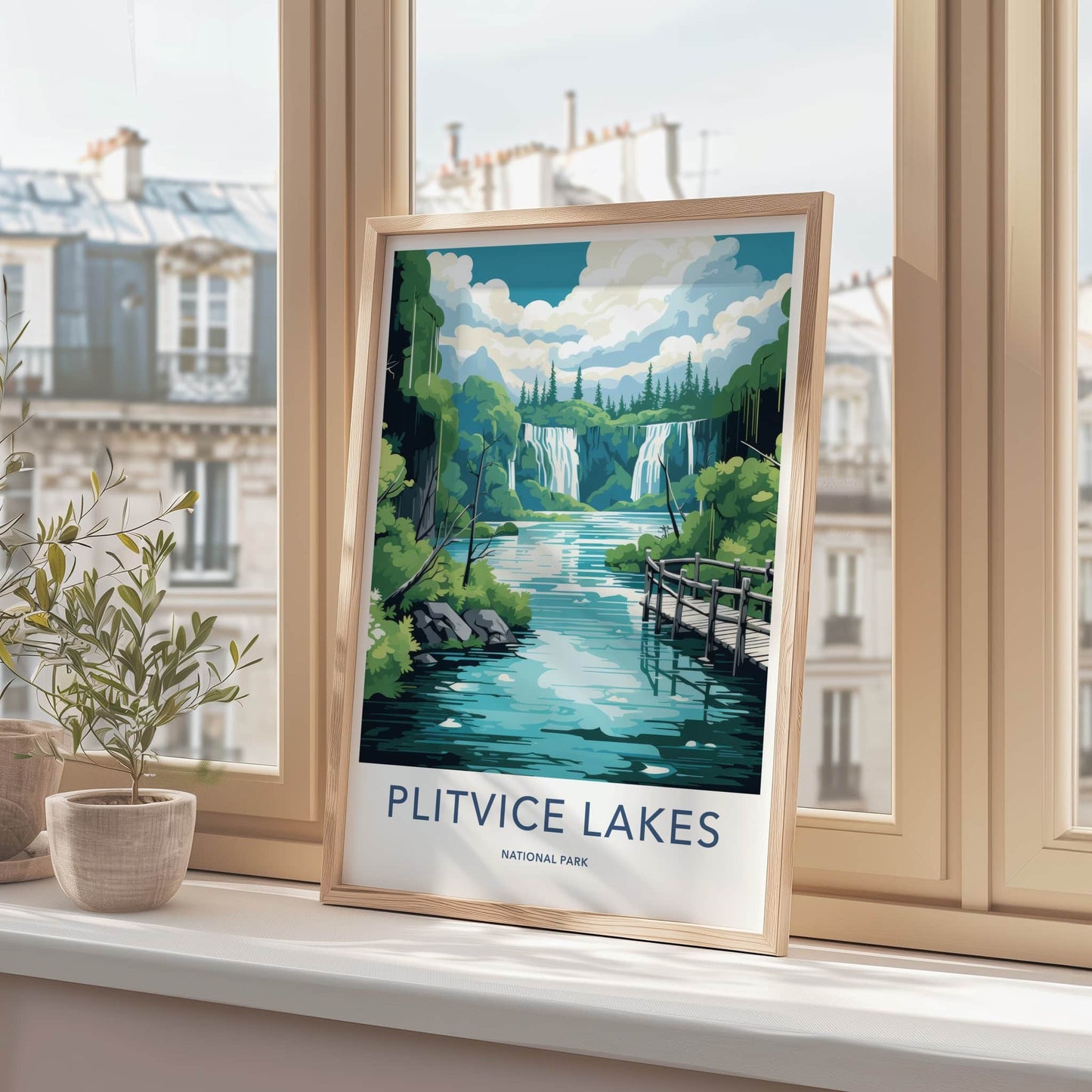 Plitvice Lakes Poster - Croatia Travel Art - Wooden bridge waterfalls Home Decor