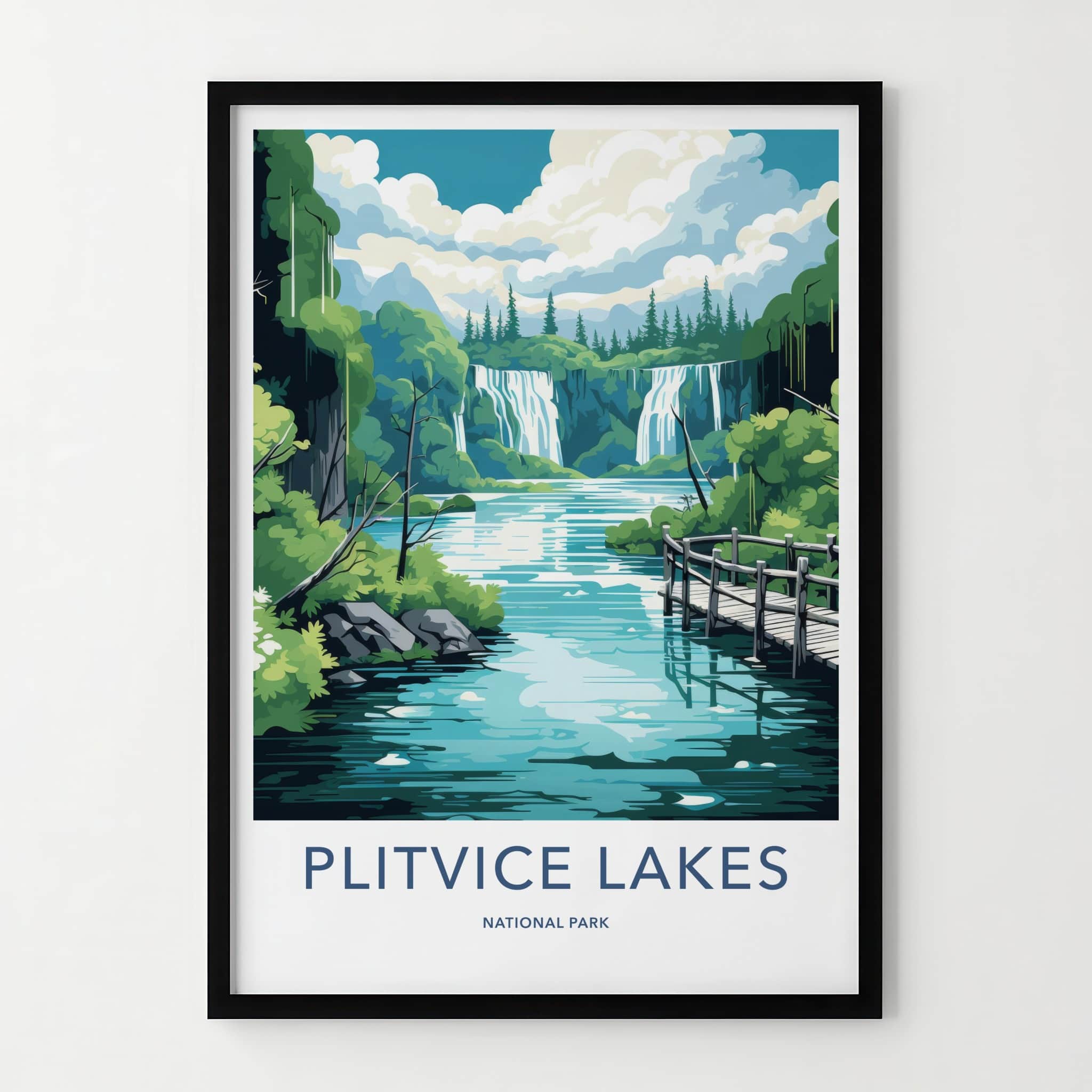 Plitvice Lakes Poster - Croatia Travel Art - Wooden bridge waterfalls Home Decor