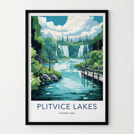 Plitvice Lakes Poster - Croatia Travel Art - Wooden bridge waterfalls Home Decor