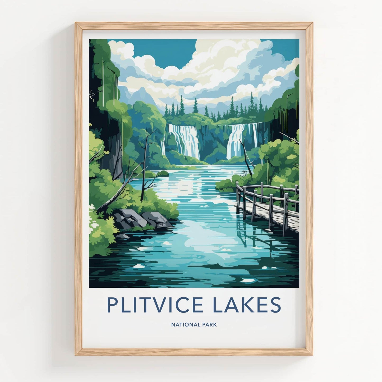Plitvice Lakes Poster - Croatia Travel Art - Wooden bridge waterfalls Home Decor