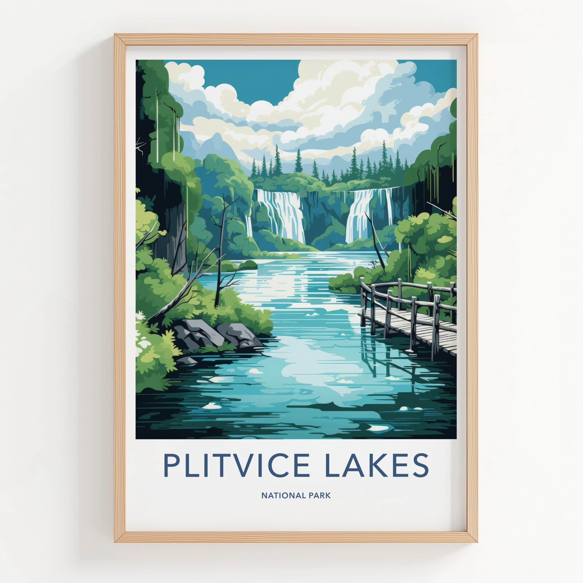 Plitvice Lakes Poster - Croatia Travel Art - Wooden bridge waterfalls Home Decor